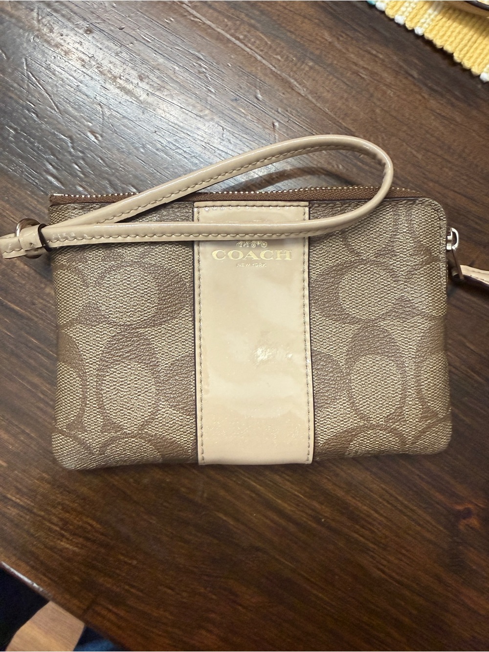 Coach Signature Canvas Wristlet in Brown and Cream